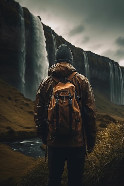 Un hombre con una mochila se para frente a una cascada.