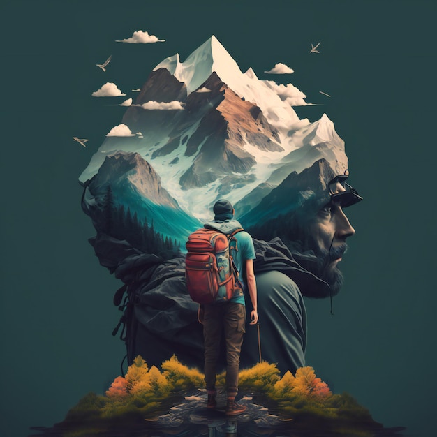 Un hombre con una mochila se para frente a una montaña y las palabras "montaña" en la parte inferior.