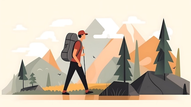 Un hombre con una mochila grande camina por un bosque.