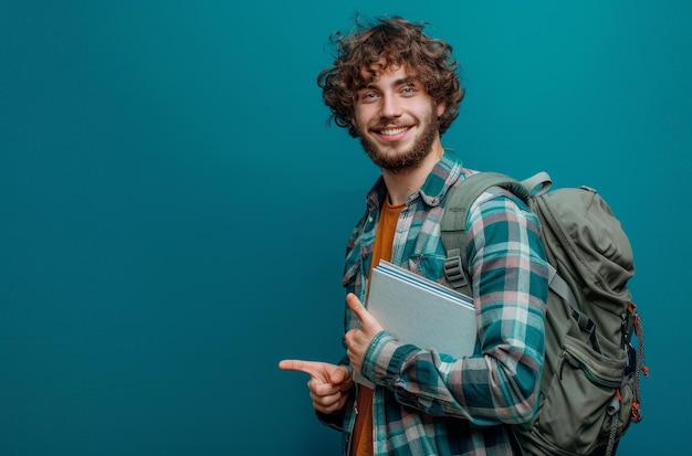 un hombre con una mochila y un libro llamado es un hombre