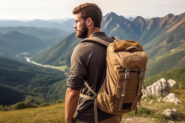 Un hombre con una mochila mira hacia un paisaje montañoso.