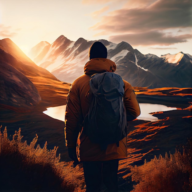 Un hombre con una mochila mirando una montaña.