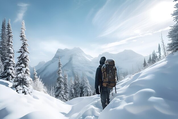 Un hombre con una mochila en las montañas en una caminata de invierno AI generativa 2