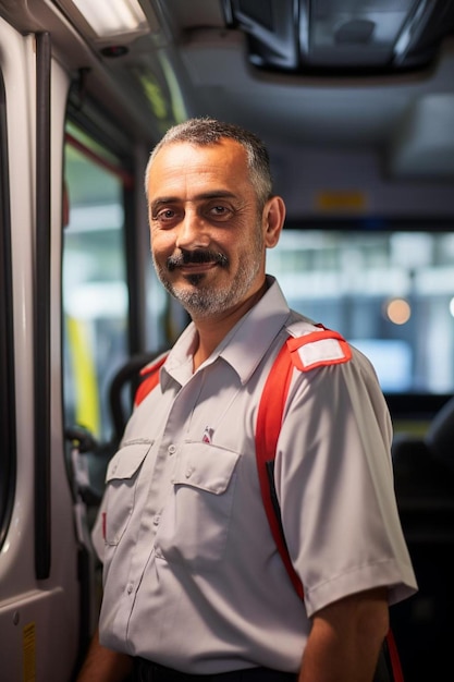 un hombre con una mochila naranja de pie en un autobús