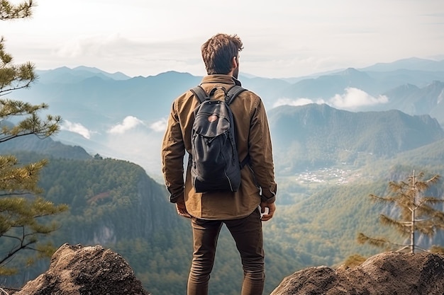 Hombre con mochila parado en el borde de un acantilado y mirando el valle Turista masculino parado en la cima de una montaña y disfrutando de la naturaleza vista trasera cuerpo completo AI generado