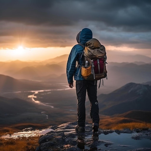 un hombre con una mochila parado en la cima de una montaña