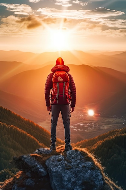 Hombre con mochila de pie en la cima de la montaña y mirando el paisaje con cadenas montañosas