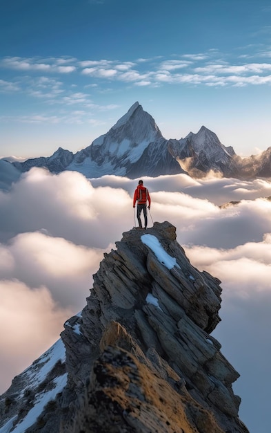 Hombre con mochila de pie en la cima de la montaña y mirando el paisaje con cadenas montañosas