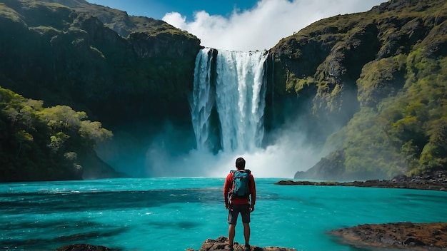 Hombre con una mochila de pie frente a una cascada