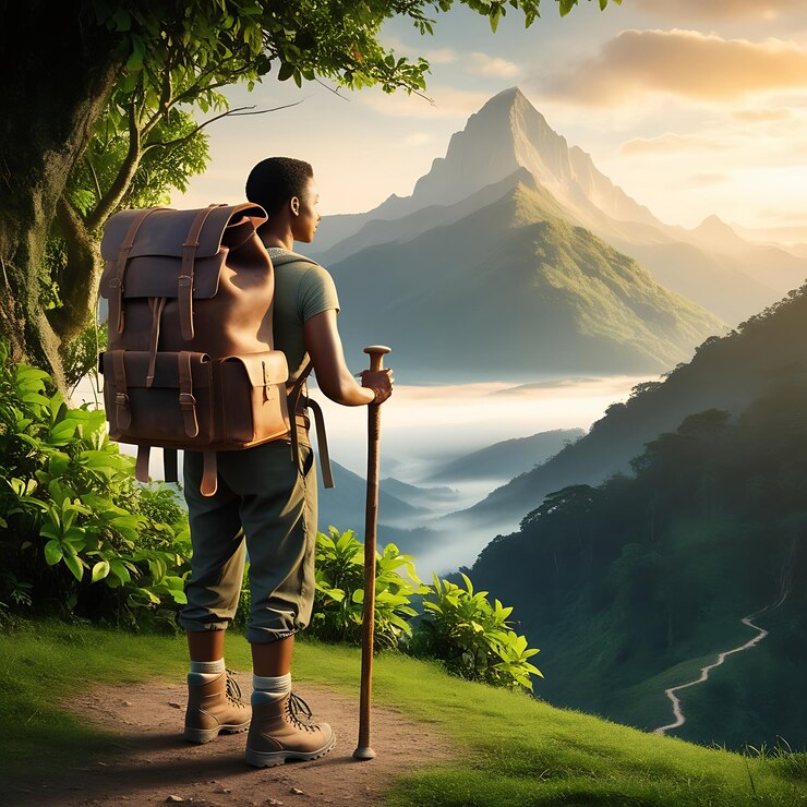 un hombre con una mochila de pie en un paisaje de montaña