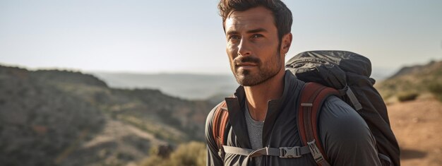 Hombre con mochila de pie en el sendero del bosque de otoño caminando solo