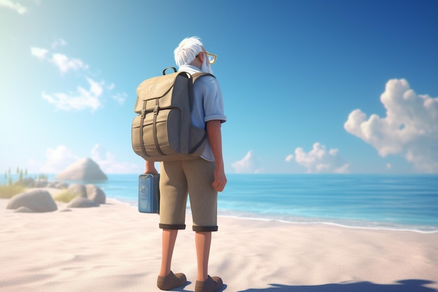 Un hombre con una mochila en la playa mirando al mar.