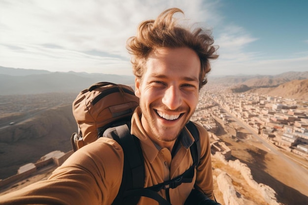 un hombre con una mochila que dice " sonriente feliz " en la cima de una montaña.