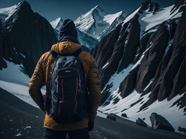 Un hombre con una mochila de senderismo se encuentra entre las montañas nevadas ai generativo.