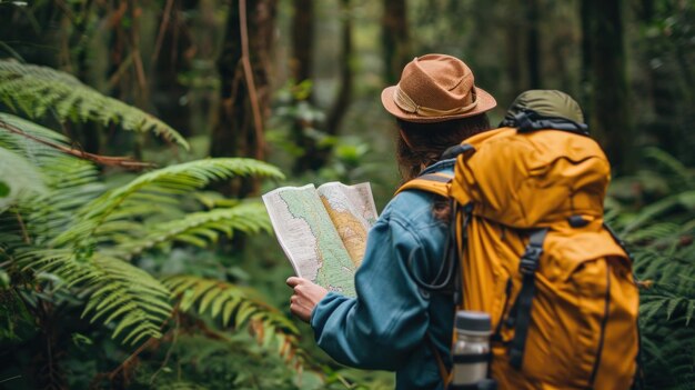 Un hombre con una mochila y un sombrero leyendo un mapa en el bosque