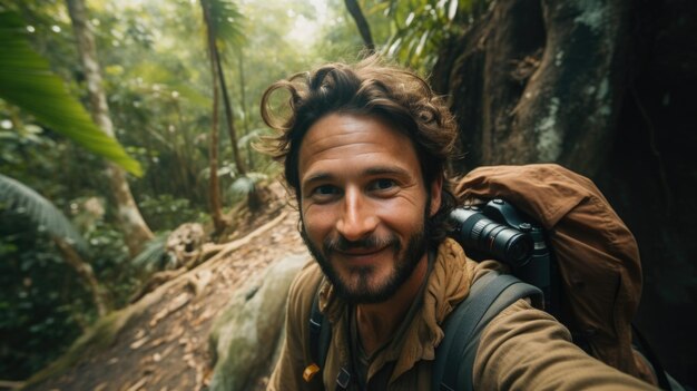 Un hombre con una mochila y una sonrisa se está tomando un selfie ai