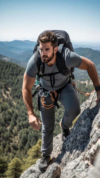 un hombre con una mochila subiendo una montaña