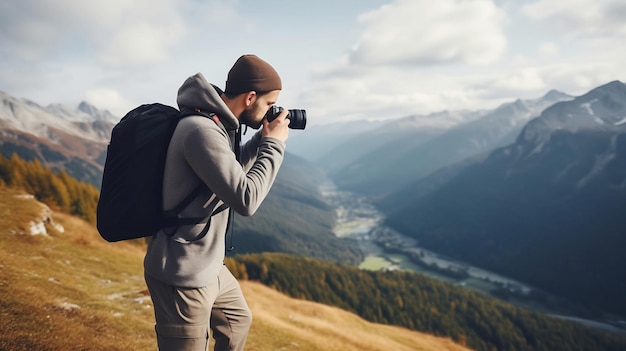 Un hombre con una mochila toma una foto de un paisaje montañoso.