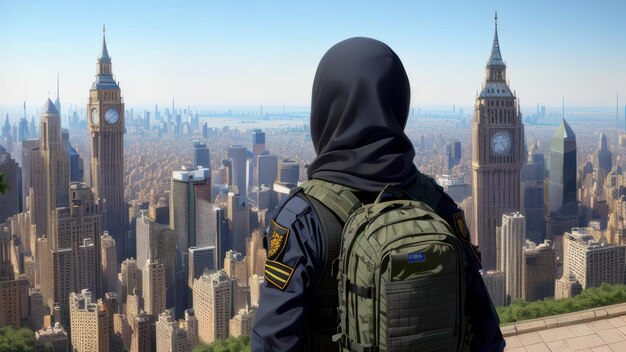 Un hombre con una mochila verde mira hacia la ciudad de manhattan.