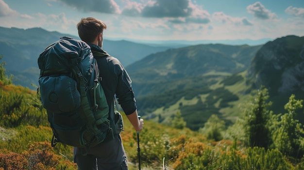 Un hombre con mochila en viajes de senderismo Fondo de paisaje de montañas