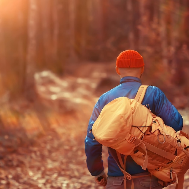 hombre con mochila una vista desde atrás, senderismo en el bosque, paisaje otoñal, la espalda de turista con mochila
