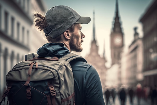 Hombre mochilero viajes turismo ciudad alrededor del mundo de vacaciones