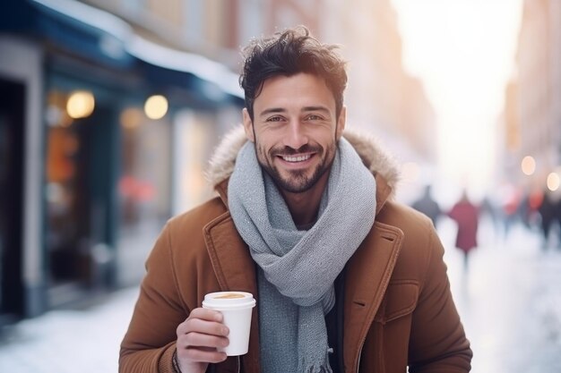 Foto un hombre moderno feliz con un vaso de taza de bebida caliente en la temporada de invierno en el fondo de la ciudad de la nieve