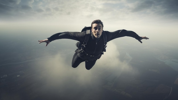 Foto el hombre moderno salta en paracaídas en el cielo hermosa imagen de ilustración ia generativa