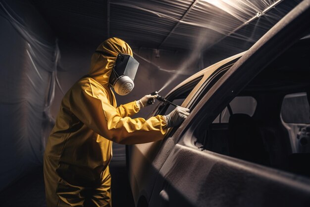 Un hombre con un mono amarillo rocía un auto con una pistola rociadora.