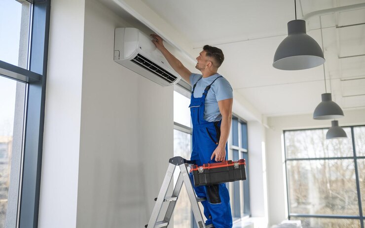 un hombre en un mono azul está pintando una pared con una escalera