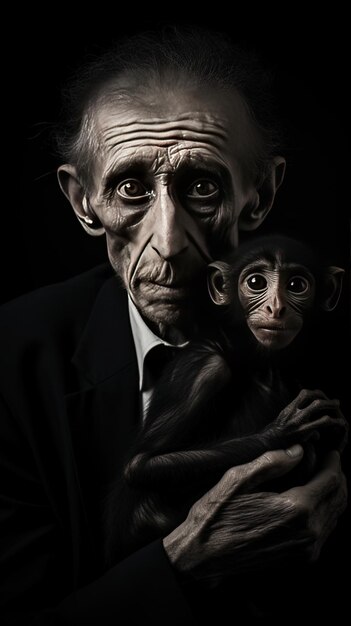 Foto un hombre con un mono en el hombro y un mono detrás de él