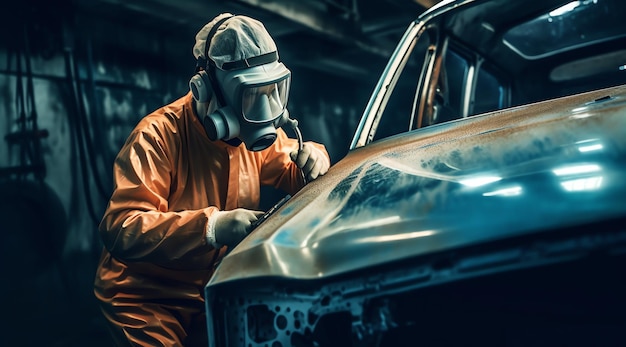 Un hombre con un mono naranja está pintando un auto en un garaje.