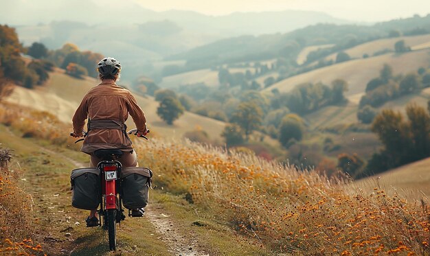 un hombre monta una bicicleta en un camino de tierra con una montaña en el fondo