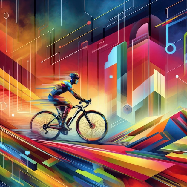 Un hombre monta una bicicleta deportiva sobre fondo abstracto ai generativo