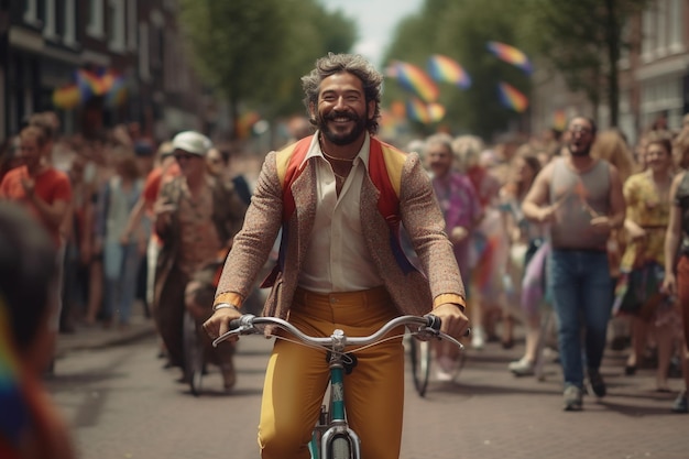 Un hombre monta una bicicleta en un desfile con una bandera del arco iris de fondo.