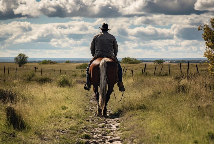 un hombre monta a caballo en las montañas