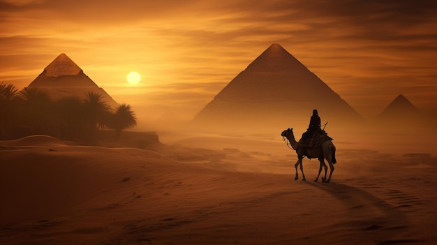 Un hombre monta un camello más allá de las pirámides en el desierto.