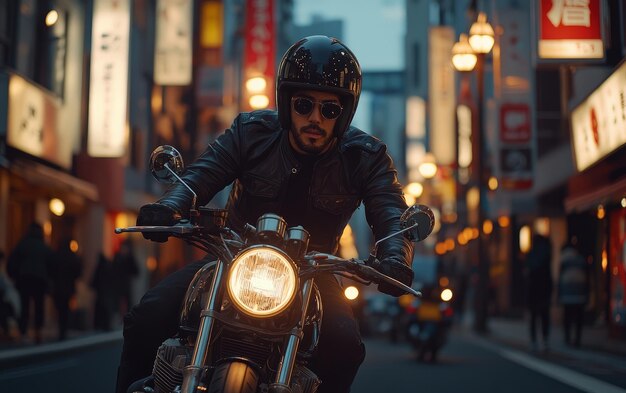 Un hombre monta una motocicleta por las calles iluminadas de neón de Tokio