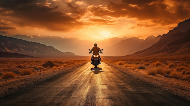 Un hombre monta una motocicleta en un camino del desierto