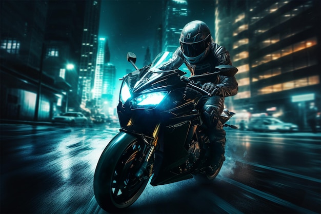 Un hombre monta una motocicleta deportiva en la ciudad por la noche.