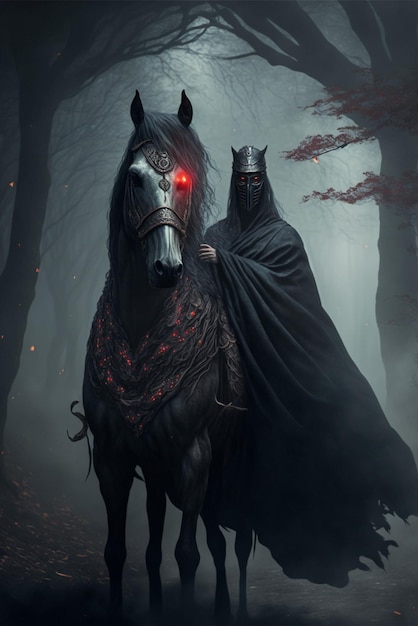 Hombre montado en el lomo de un caballo en un bosque oscuro generativo ai