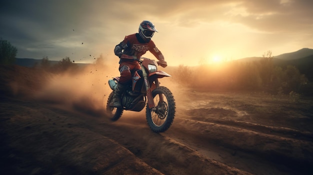 Un hombre montado en una moto de cross por una pista de tierra con el cielo de fondo.