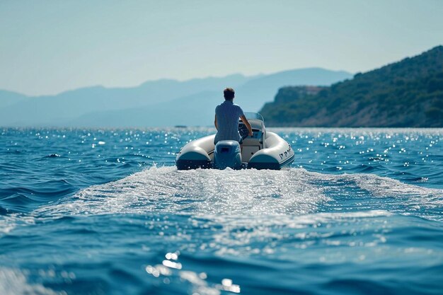 Foto un hombre montado en la parte de atrás de un barco en el océano