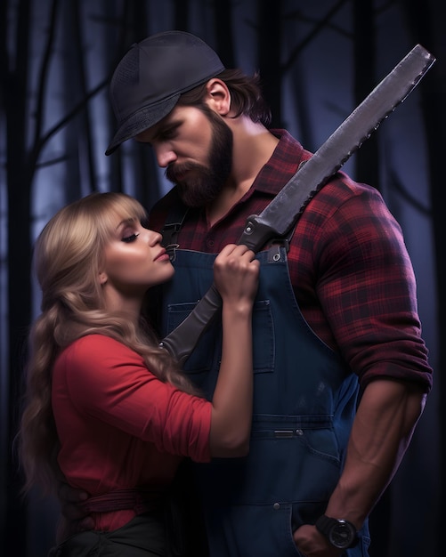 Hombre de montaña en el bosque con su chica