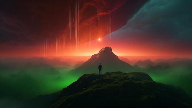 Un hombre se para en una montaña con un cielo verde y azul y una luz roja es visible sobre él.