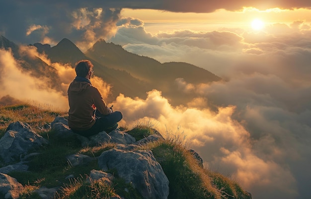 Hombre en la montaña dando gracias a Dios