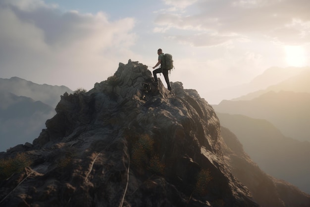 Un hombre se para en una montaña con una mochila en la espalda.