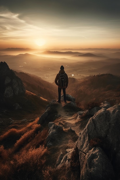 Un hombre se para en una montaña con vista a una puesta de sol.