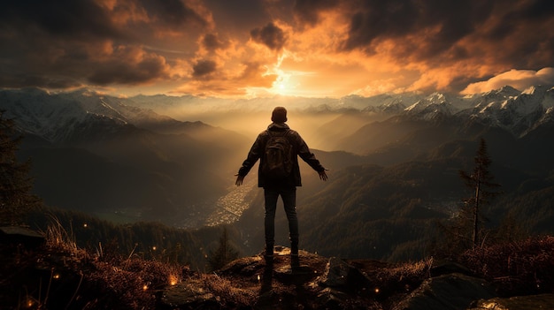 hombre en las montañas al atardecer