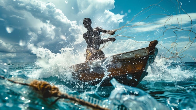 Hombre montando un barco en el océano